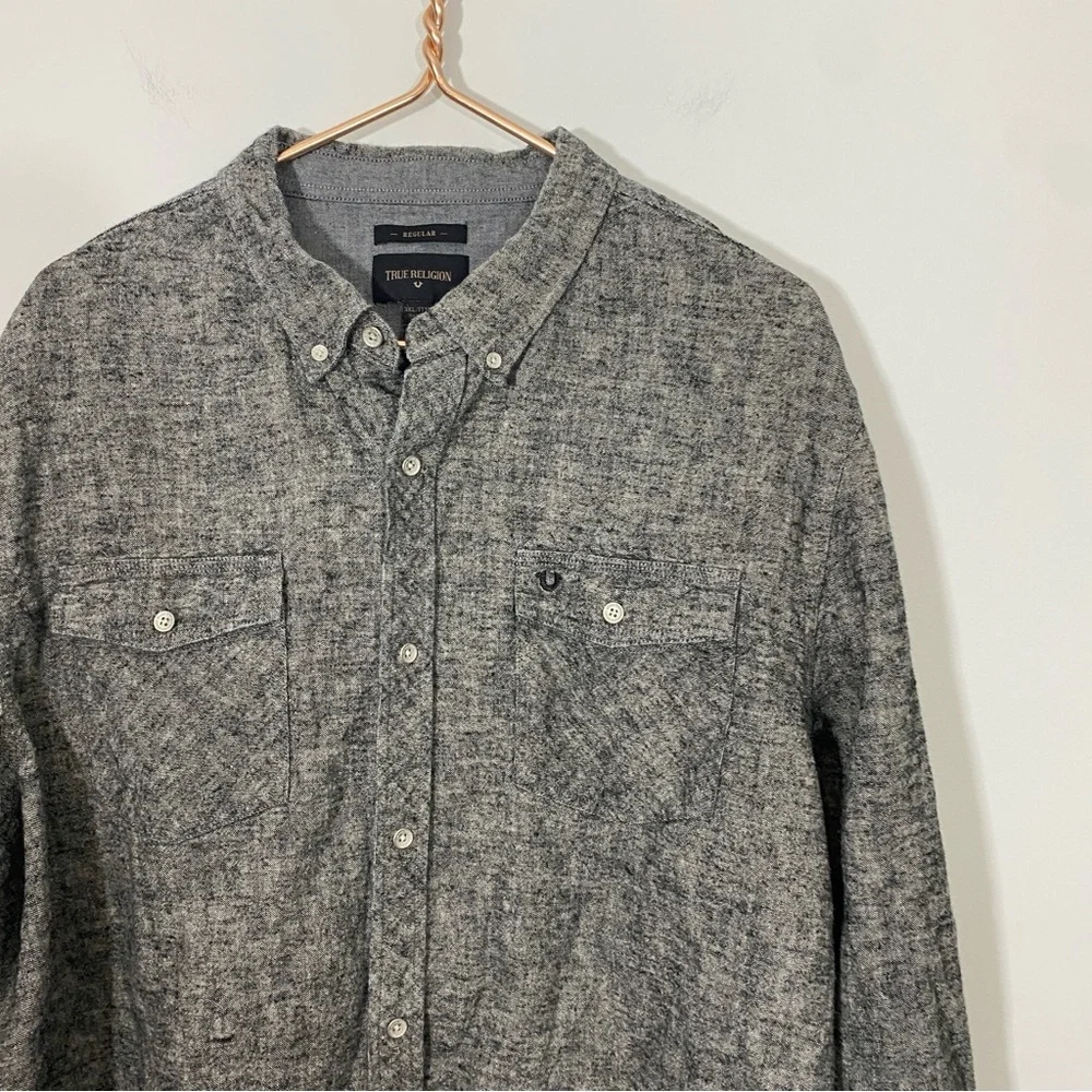 True Religion Mens‎ 3XL Gray 100% Linen Button Down Shirt Top